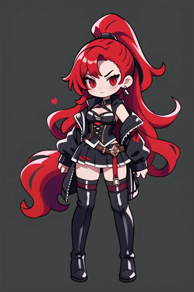 Rogue human woman, with red hair and black streaks, long high ponytail, white corset, black mini skirt, black thigh high boots, black jacket, holding a dagger