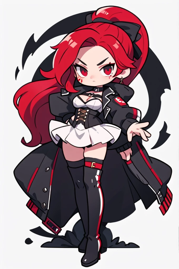 Rogue human woman, with red hair and black streaks, long high ponytail, white corset, black mini skirt, black thigh high boots, black jacket, holding a dagger