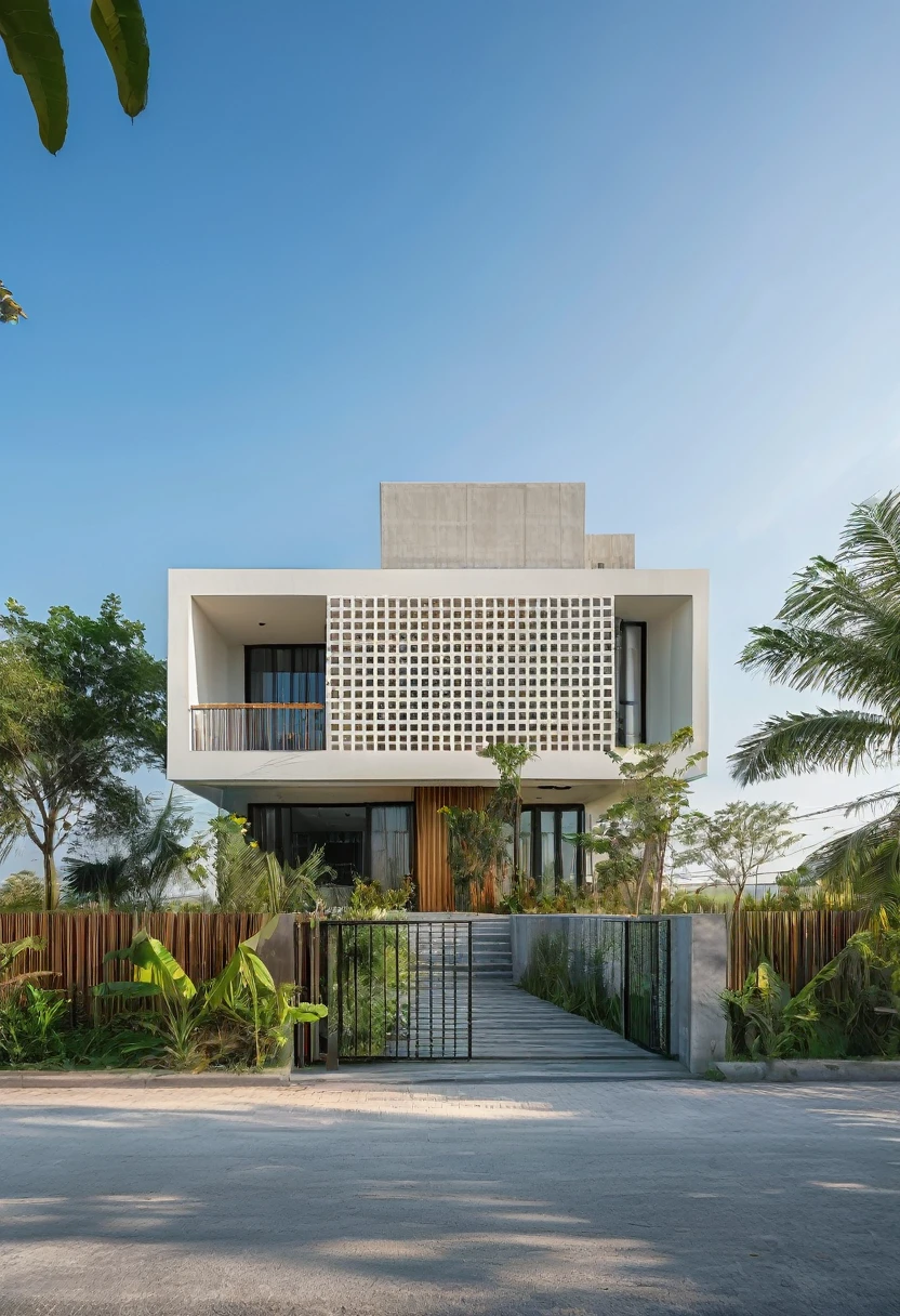 house, outdoors, sky, day, tree, no humans, window, watermark, grass, plant, building, scenery, stairs, fence, house, dvArchModern, 85mm, f1.8, portrait, photo realistic, hyperrealistic, orante, super detailed, intricate, dramatic, sunlight lighting, shadows, high dynamic range,  house, masterpiece,best quality,(8k, RAW photo:1.2),(( ultra realistic)), modernvilla, blackandwhite, trees, vine, architecture, building, cloud, vivid colour, masterpiece,best quality,super detailed,realistic,photorealistic, 8k, sharp focus, a photo of a building, wood, 