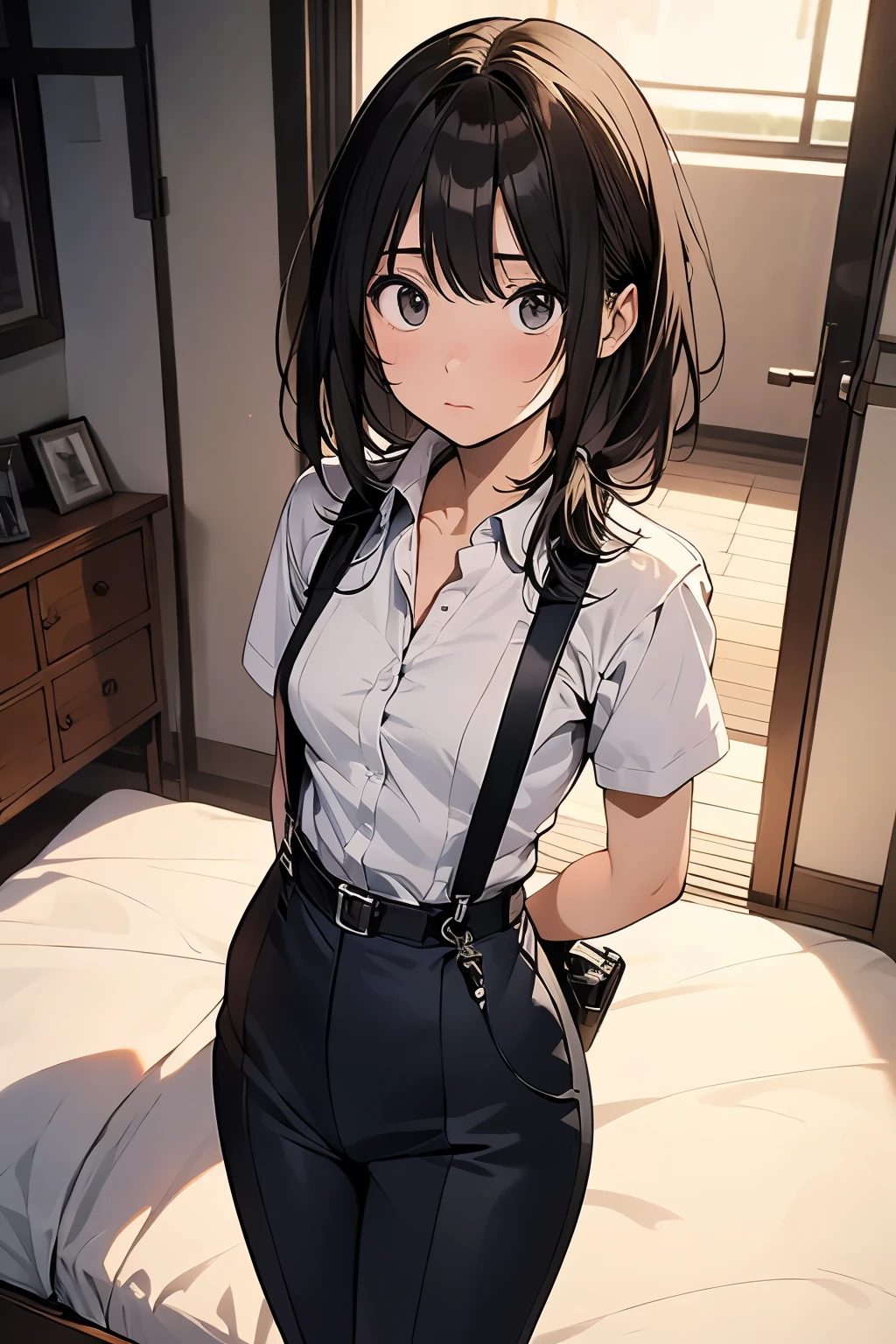 1 female, , high quality, masterpiece, Ultra-high resolution, , Cinema Lighting, , , And the suspenders with the cranes flying Moderate breasts Small face holster Lying in bed Looking up Sweat belt summer 脇Sweat Black Hole Gloves suit shirt Black jacket Black trousers Leg Links ズボンにbelt holster Hands behind your back Anxious expression Looking up Anxious face, legs apart