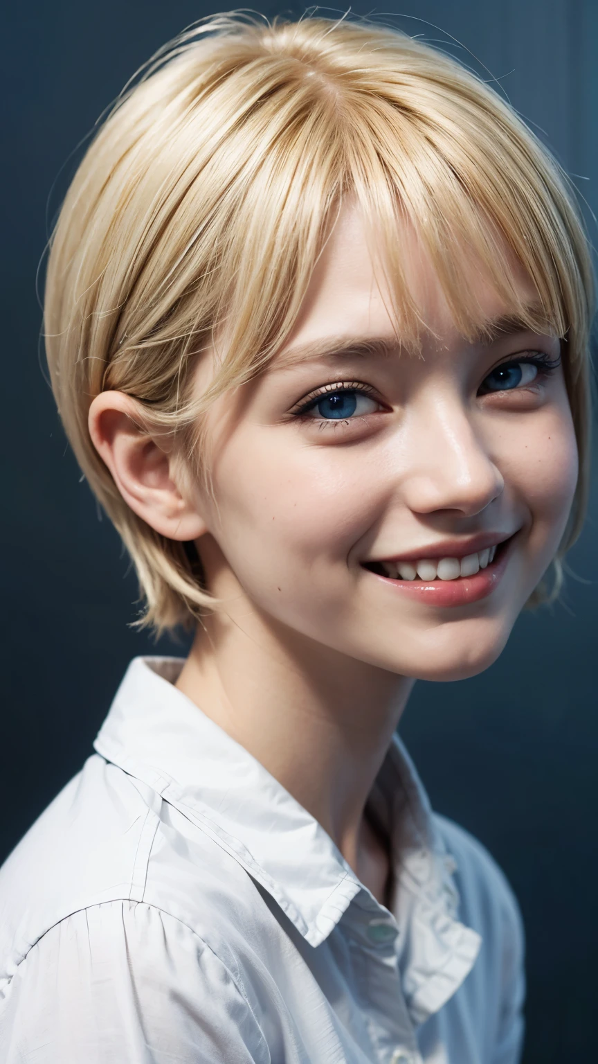 Swedish girl ,((short blonde hair)), Bobcut, Van, ((blue eyes)), ,((Plain background, Slope)),((Upper Body)),Looking into the camera, Point to the camera,Right hand forward,young, ((white collared shirt)), Pale skin, Ultra-high resolution, Ultra-high resolution, (Realistic:1.4), Doll-like face,Gentle expression,A cheerful smile,((Big smile)),Facing forward,Bangs down, ((front view))