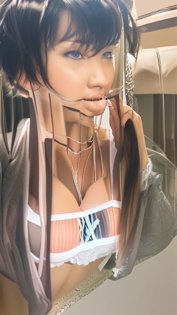 Top Quality, Photorealistic, 8K, High Definition, 1 Girl, Woman, (Sexy Pose: 1.9, Exposure: 1.9, Cleavage: 2), Gorgeous, (Big: 1.8), (Underwear: 2, Bra: 1.9, Lingerie: 1.4), (Short Hair: 2, Bob: 2, Parted Bangs: 1.6), Watch Viewer, (1 Girl's Eyes: 1.6), Photorealistic, (Bokeh), (Floating Hair, Lips, Open Mouth: 1.43), Gorgeous, pureerosface_v1:1,