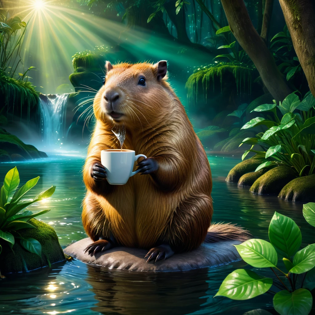 a capybara sitting in a river with a cup of coffee in its hand, detailed realistic fur texture, enchanted forest, magical lighting, (best quality, 8k, photorealistic, hyper detailed:1.2), lush green plants, sparkling water, sunbeams, soft lighting, ethereal atmosphere, vibrant colors, whimsical, fantasy