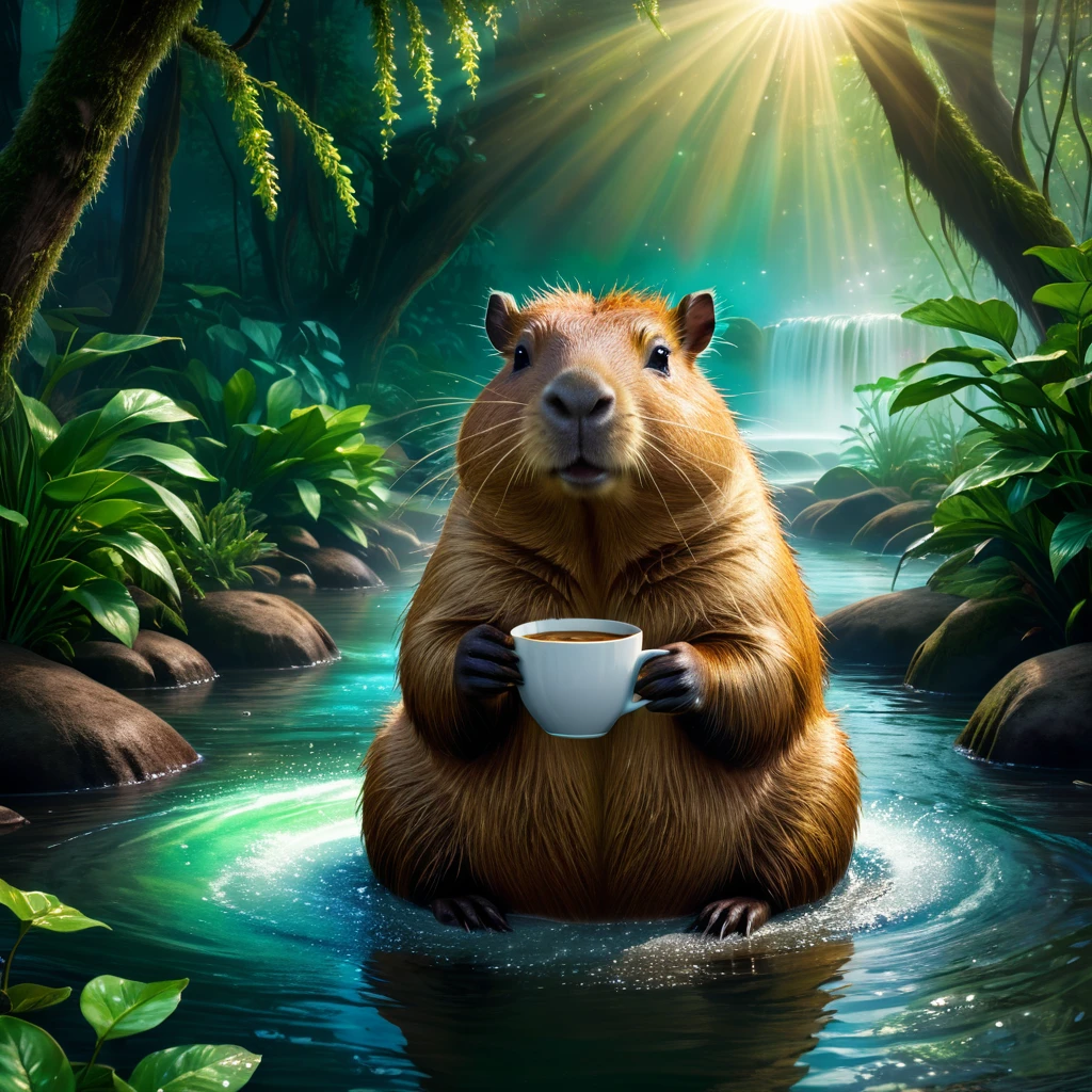 a capybara sitting in a river with a cup of coffee in its hand, detailed realistic fur texture, enchanted forest, magical lighting, (best quality, 8k, photorealistic, hyper detailed:1.2), lush green plants, sparkling water, sunbeams, soft lighting, ethereal atmosphere, vibrant colors, whimsical, fantasy