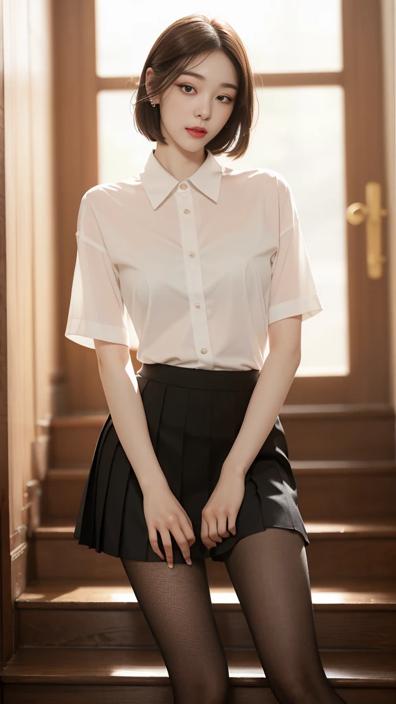 Korean 、summer shirt、Tight shirt、Ribbon Ties、skirt by the、schools、stairs at school、chest lifting pose、Emphasis on the chest、Slender and large、8K raw photos、A high resolution、18-year-old Korean、embarrassing looking、very large round breasts、Beautiful eyes finely detailed、long eyelasher、beautiful double eyelid、eye shadows、eyeline、slender eyes、Elongated eye shape、Sanpaku eyes、beautiful and thin legs、Beautiful slender thighs、Random Shorthair、Tie your hair behind your head、耳Nipple Ring、Light brown hair、(Wear pantyhose)、Hold your knees,short hair, fishnet stocking