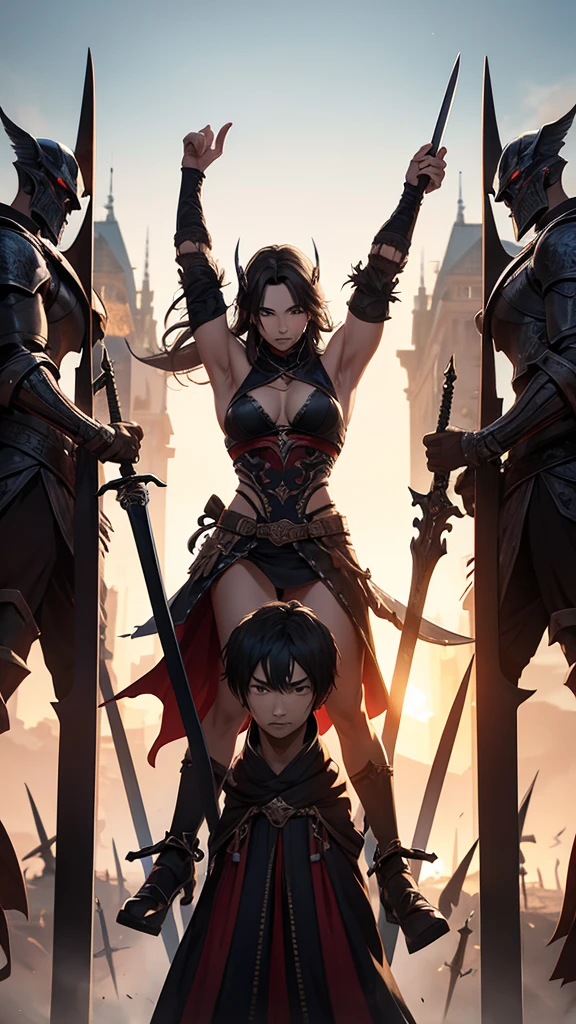 Slay the evil、Warrior holding up a sword、handsome man
