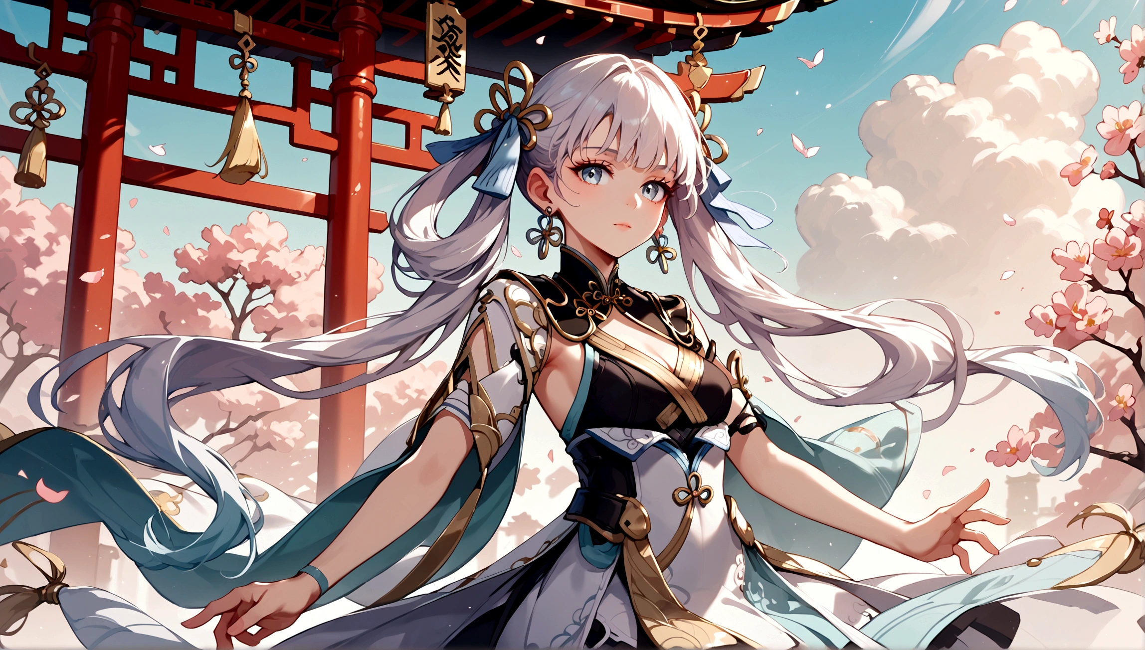 score_9, score_8_up, score_7_up, score_6_up, masterpiece, top quality, best quality, official art, beautiful and aesthetic, close up shot, centered, JinshiWW, long hair, twintails, hair rings, hair ornament, earrings, chinese clothes, two-tone dress, black dress, white dress, cleavage cutout, armlet, white thighhighs, dynamic pose, chinese temple background, Expressiveh