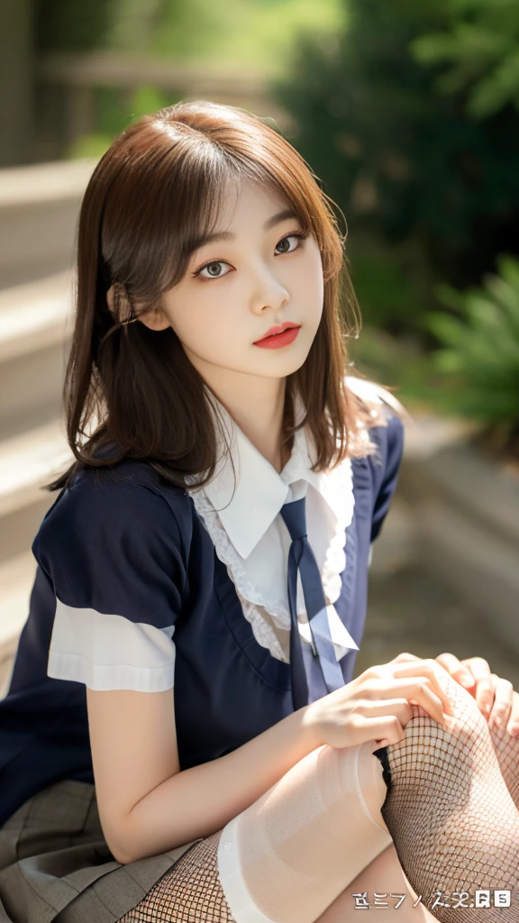 Korean 、summer shirt、Tight shirt、Ribbon Ties、skirt by the、schools、stairs at school、chest lifting pose、Emphasis on the chest、Slender and large、8K raw photos、A high resolution、18-year-old Korean、embarrassing looking、very large round breasts、Beautiful eyes finely detailed、long eyelasher、beautiful double eyelid、eye shadows、eyeline、slender eyes、Elongated eye shape、Sanpaku eyes、beautiful and thin legs、Beautiful slender thighs、Random Shorthair、Tie your hair behind your head、耳Nipple Ring、Light brown hair、(Wear pantyhose)、Hold your knees,short hair, fishnet stocking