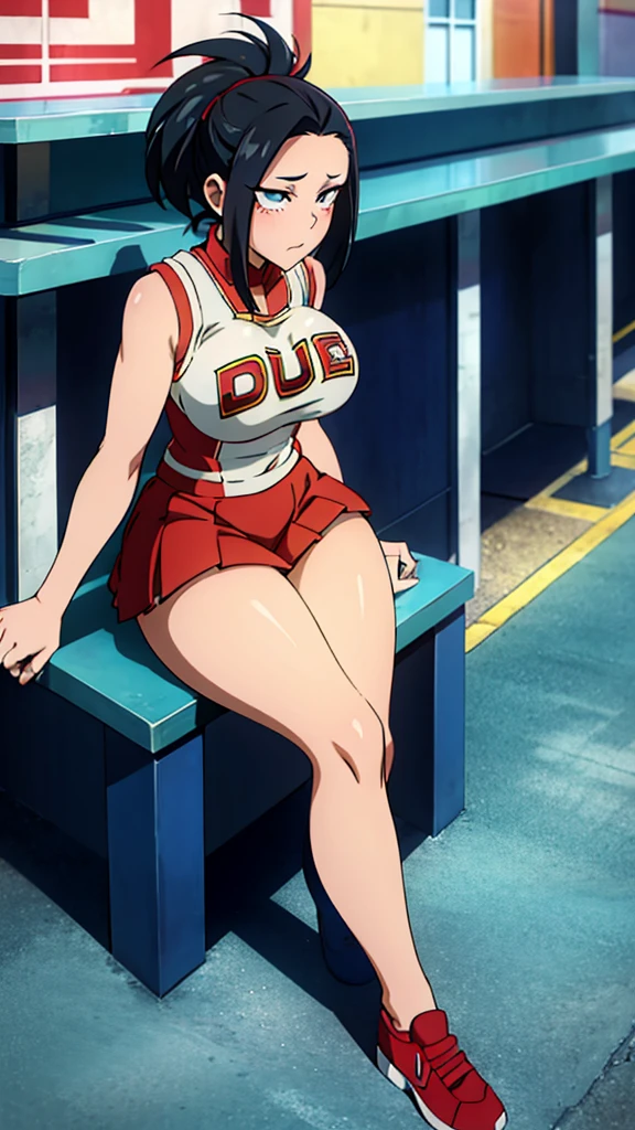 1women,Saki Nijino,solo,retro artstyle,thigh focus,standing,bow-legged,spread legs,arms behind head,looking at viewer,from below,blue hair,outdoors,blue eyes,short hair,buzz cut,(gigantic breasts:1.1),groin,plaid shirt, open clothes,nipples, denim shorts,short shorts,open fly,white thighhighs,shoes,sneakers,bag,embarrassed,open mouth,saliva,sweatdrop,bench,full body,day,,nsfw,uncensored,masterpiece, best quality,rating:explicit