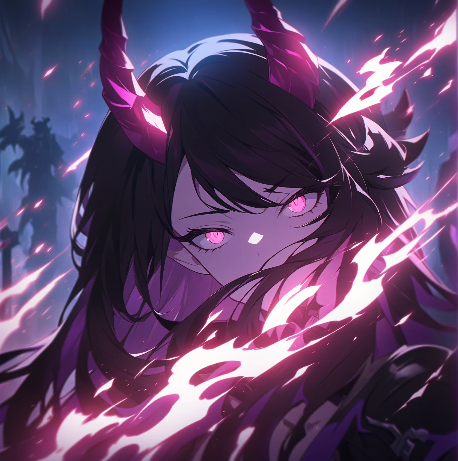 anime girl with horns and glowing eyes in a dark room, shalltear from overlord, irelia, demon anime girl, best anime 4k konachan wallpaper, anime style 4 k, shalltear bloodfallen, kda, from arknights, irelia from league of legends, badass anime 8 k, from league of legends