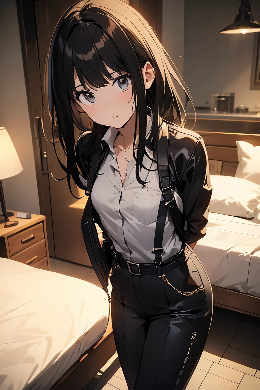   1 female, , high quality, masterpiece, Ultra-high resolution, , Cinema Lighting, , ,  And the suspenders with the cranes flying　　　Moderate breasts　 　 　　　　Small face　 　　　holster　　　　　　　 Lying in bed　Looking up　　　　Sweat 　　　belt　summer　脇Sweat 　Black Hole Gloves　suit　shirt　　Black jacket　 Black trousers　Leg Links　ズボンにbelt　　holster　 　　Hands behind your back　 Anxious expression　Looking up　Anxious face, legs apart　