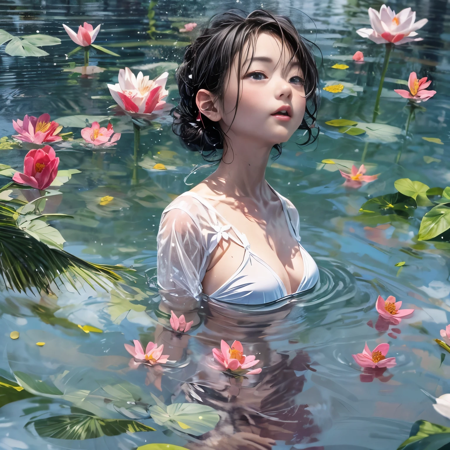 280th floor infinity pool,The tallest building in the urban forest, {Around bonsai|Luo Han Song|coconut palms|tulips|Rose flower}, ExtermlyDetaild(ProfessionlPhoto of Girl floating in the sky:1.37)(Masterpiece 8K TopQuality:1.2), (ExtremelyDetailed KAWAII face Eyes:1.28){ElaboratePupils with (SparklingHighlights:1.28)|DoubleEyelids with (Voluminous LongEyelashes:0.88)|RosyCheeks} BREAK Detailed impeccable Radiant PearlSkin with Transparency, Skinny(SchoolSwimwear:1.37) beautiful graceful {(HiddenHand)|(Corrected BabyLikeHand)} (Whole Body Proportions and all limbs are Anatomically Accurate), Full of Flowers