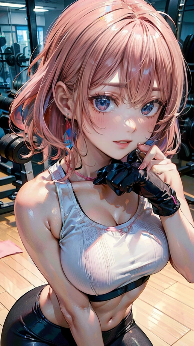 (Masterpiece, BestQuality:1.3), (ultra detailed:1.2), (hyperrealistic:1.3), (RAW photo:1.2), High detail RAW color photo, professional photograph, (Photorealistic:1.4), (realistic:1.4), professional lighting, perfect anatomy, (Big Breasts:1.2), (blush, detailed face), (cheerful Smile:1.5), (Black Hair:1.5), Trending Hair&Trending Hairカラーをランダムに, earrings, necklace, bracelet, sexly, erotic sexly, Random sexy gravure poses, (A woman in a white athletic costume、The background is a sports gym、Serious expression、short hair、Poses with dumbbells: 1.3)
