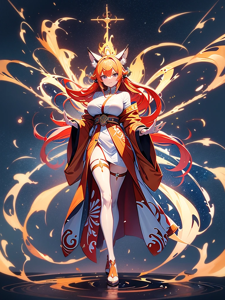 "1 person, Goddess, girl with orange hair and fox ear, red eyes, wearing red white orange kimono, Complex and gorgeous anime CGI style, , full-body fantasy of fire magic, Anime girl walking on fire, big breasts, smiling, tights, standing cross-legged, fox with her , ethereal fantasy, victorian era, fire elements, splash art, side view,solo (full HD 4K+ image)"
