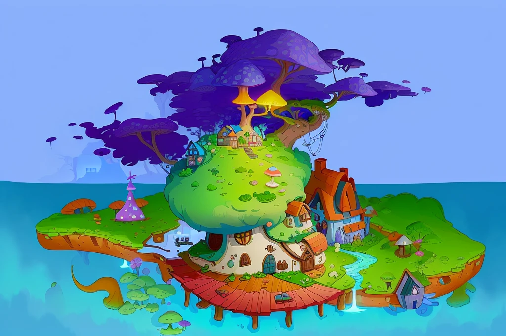 Cartoon illustration:Small house with a tree on a floating island, Mushroom House, Stylized digital illustration, Full color illustrations, Colorfull illustration, cartoon moody scene, Dream cottage, Color illustrations, Whimsical fantasy landscape art, Mushroom hut in the background, Digital Cartoon Painting Art, Cartoon Numbers, Digital illustration style, Official screenshots, Great Artuine