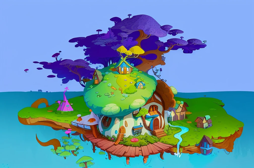 Cartoon illustration:Small house with a tree on a floating island, Mushroom House, Stylized digital illustration, Full color illustrations, Colorfull illustration, cartoon moody scene, Dream cottage, Color illustrations, Whimsical fantasy landscape art, Mushroom hut in the background, Digital Cartoon Painting Art, Cartoon Numbers, Digital illustration style, Official screenshots, Great Artuine