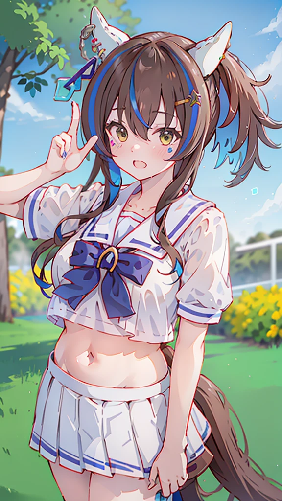 Highest quality,masterpiece, Highest Resolution, nsfw, Sailor uniform, 1 girl, topless, huge breasts,pink nipple, belly button,outdoor, blush, standing, horse ears, horse tail