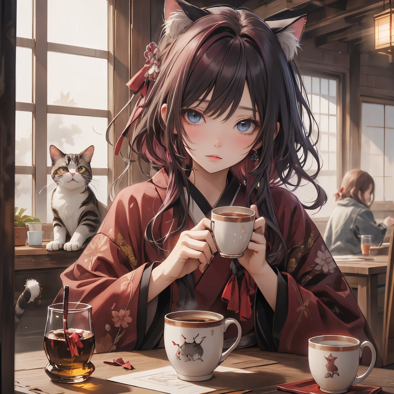 (masterpiece), Highest quality, Ultra-high resolution,Cat with maroon ribbon、Oil-colored hair、Oil-colored eyearoon clothing、Edo Kiriko、Glasswork、Cup