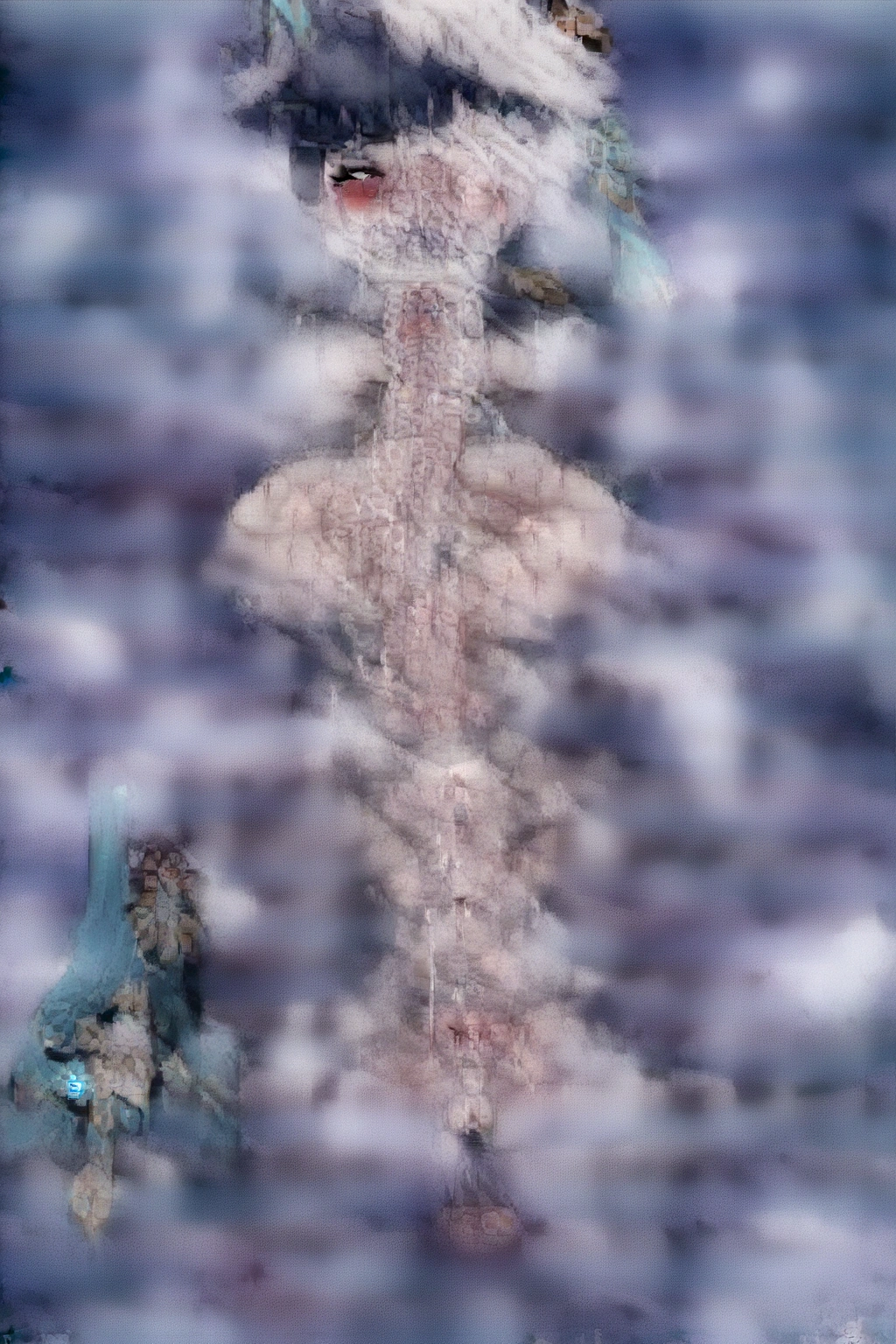 (Personagem scaramouhe/genshin impact game wanderer) Indigo Hair, shirtless with defined abs, face detailed, your erect penis, thick and big ejaculating his cum into the pussy of a woman with long white hair, clear blue eyes, breasts big, face detailed com expressões prazerosas