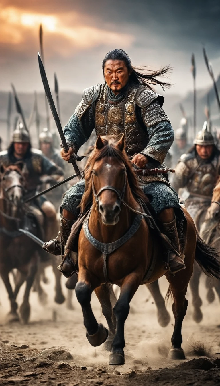 Genghis Khan’s warriors charging into battle with unmatched ferocity, background dark, hyper realistic, ultra detailed hyper realistic, photorealistic, Studio Lighting, reflections, dynamic pose, Cinematic, Color Grading, Photography, Shot on 50mm lens, Ultra-Wide Angle, Depth of Field, hyper-detailed, beautifully color, 8k
