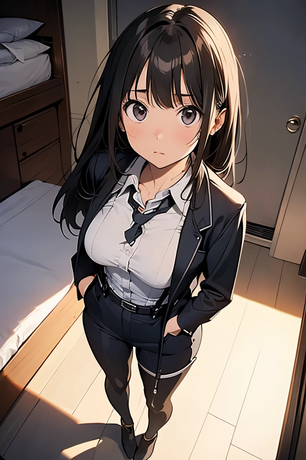 high quality, masterpiece, Ultra-high resolution, (realism: 1.4), Oil painting style, Cinema Lighting, An endless grassland dotted with a few houses, I stood on the empty asphalt road and looked at it., Fairy Mountain々was shrouded in mist, And the suspenders with the cranes flying　　　Moderate breasts　 　 　　　　Small face　 　　　holster　　　　　　　 Lying in bed　Looking up　　　　Sweat 　　　belt　summer　脇Sweat 　Black Hole Gloves　suit　shirt　　Black jacket　 Black trousers　Leg Links　ズボンにbelt　　holster　 　　Hands behind your back　 Anxious expression　Looking up　Anxious face