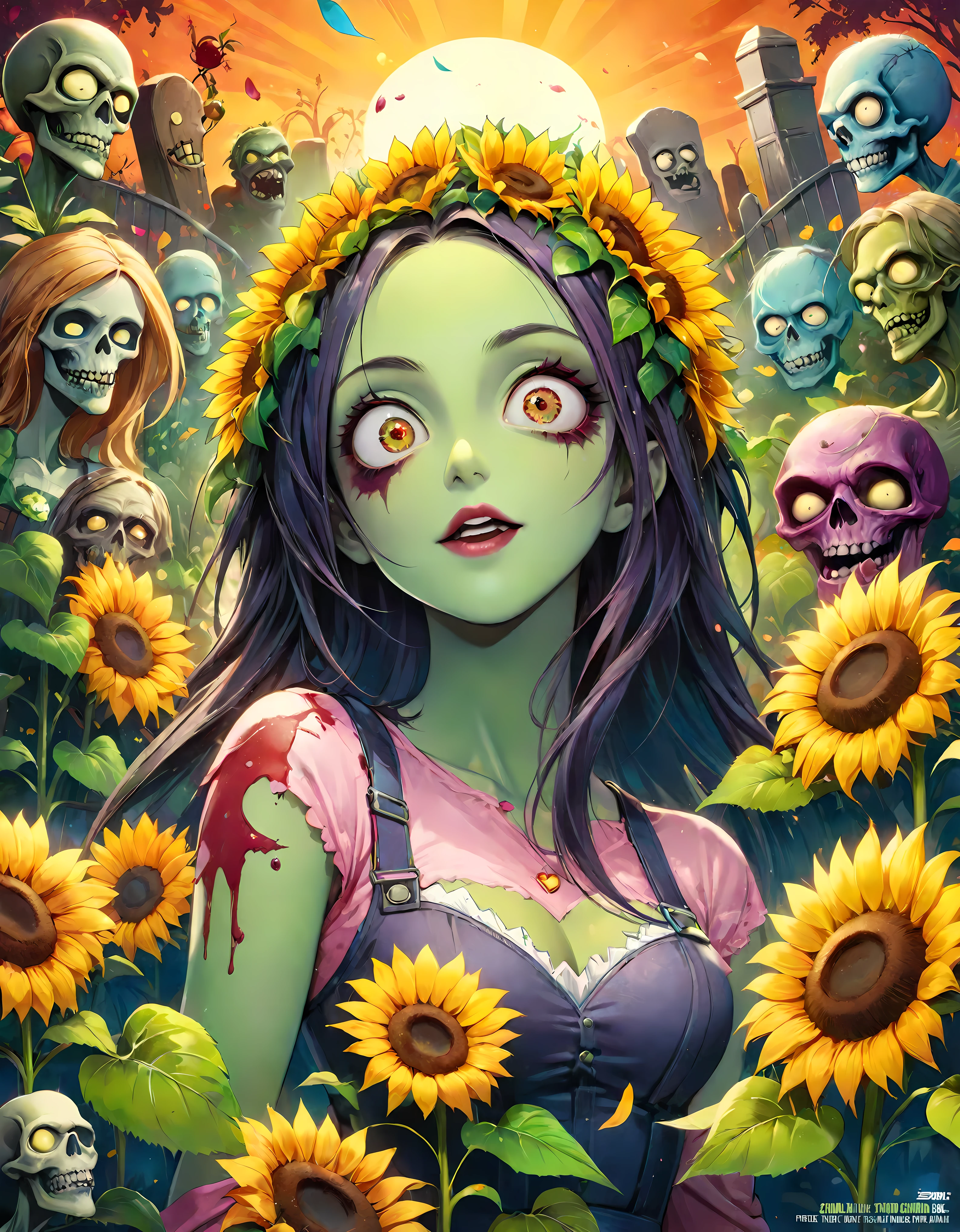 ((Masterpiece in maximum 16K resolution):1.6),((soft_color_illustration)1.5), ((Ultra-Detailed):1.4) | Create a humorous poster inspired by John Collier's painting 'Lilith' but reimagined for the Plants vs. Zombies universe. In this version, a female zombie from the game, posed elegantly in the center. She should have a playful and mischievous expression, with cartoonish features characteristic of the game, such as exaggerated eyes and a lopsided smile. She wears tattered, but comically stylish clothing that matches her zombie theme. | ((Sunflower with lifelike appearances and expressive faces. The sunflower should have bright, colorful petals and leaves, with eyes, mouths, and other facial expressions that convey personality and emotion. Their stems and leaves should be rendered in a way that makes them appear lively and full of character, engaging with their surroundings in a playful and interactive manner.):1.2), ((Each plant should retain its distinctive Plant vs Zombie whimsical appearance, with bright colors and friendly faces.):1.2). | The background should be a mix of gothic elegance and playful elements from the game, such as a moonlit garden scene with tombstones and fences, but with a lighthearted and cartoonish twist. | The overall design should balance the classic, detailed art style of the original painting with the playful, colorful, and whimsical elements of the Plants vs. Zombies universe, creating a fun and engaging parody poster. . | ((perfect_composition, perfect_design, perfect_layout, perfect_detail, ultra_detailed)), ((enhance_all, fix_everything)), More Detail, Enhance.