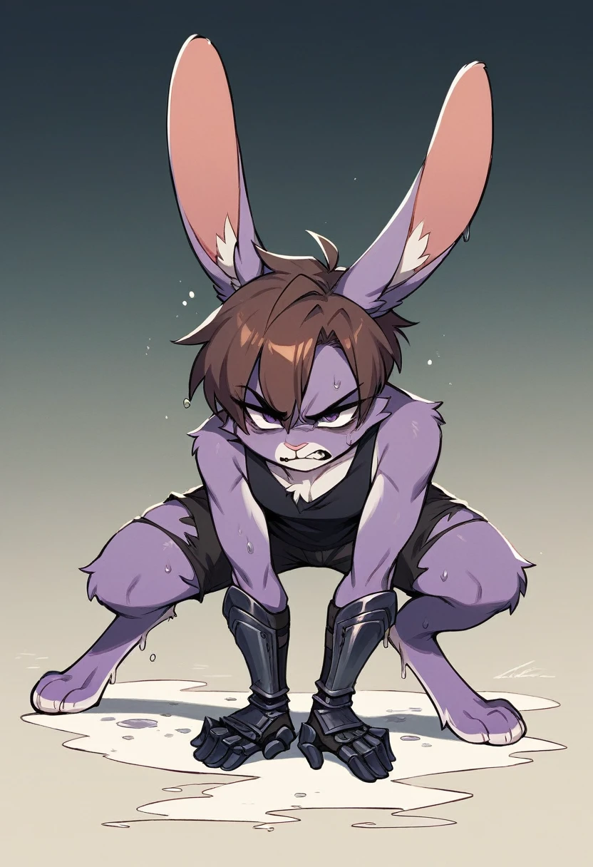 create a picture of a female rabbit character with purple giant rabbit digitigrade legs with white paws, put purple rabbit ears on top of her head, make her nude, give her black gloves, put purple fur on her arms from her elbows down, give her short brown hair, make her legs look fluffy and furry, make it in an anime style, make her muscular and athletic, make her doing a leaping kick