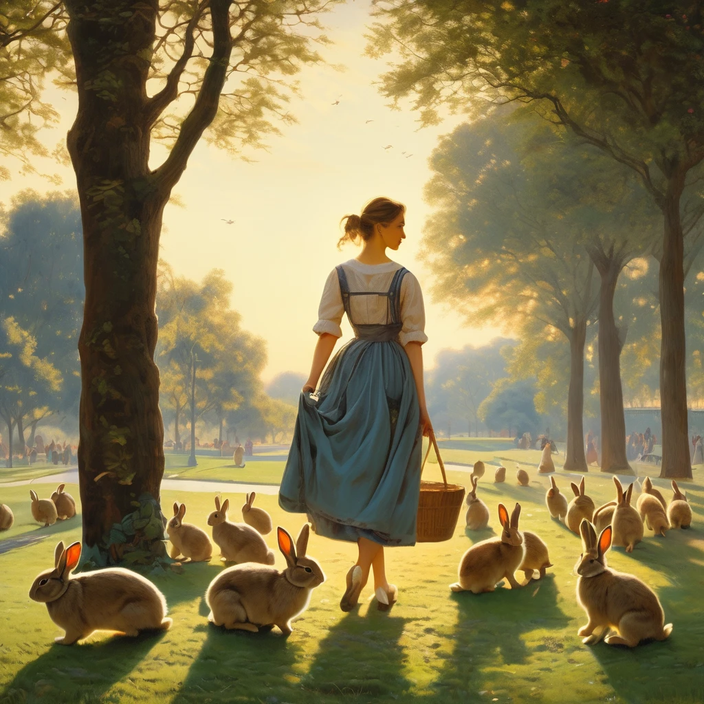 best quality, masterpiece, high quality, a young woman, carrying a litter of rabbits, in the park, evening, super detailed