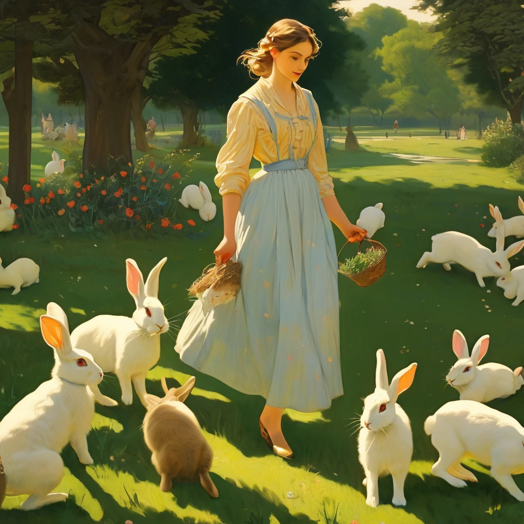 best quality, masterpiece, high quality, a young woman, carrying a litter of rabbits, in the park, evening, super detailed