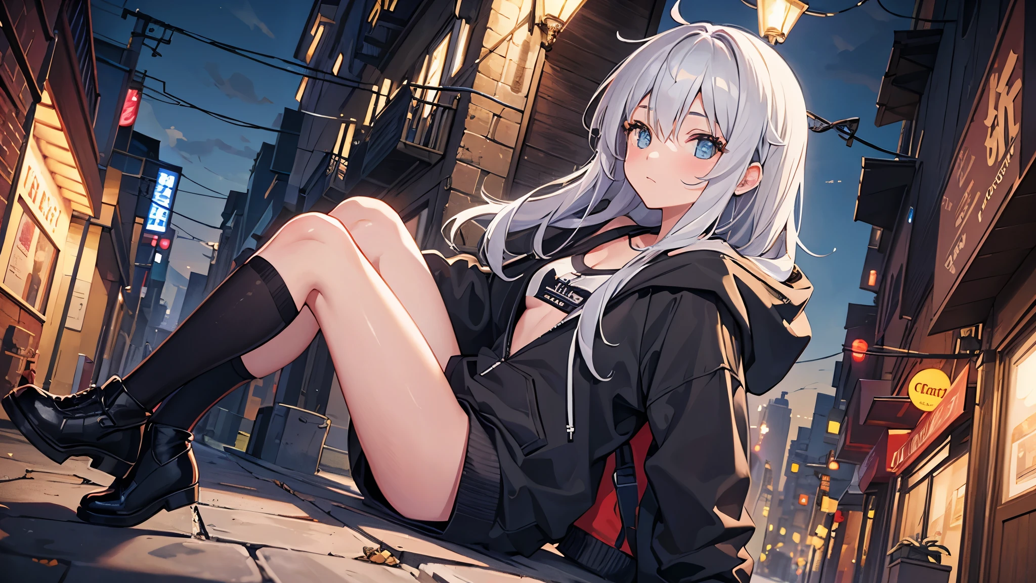 One girl,City of night,Wearing a hoodie,Gray Hair,Back Alley,8K Above chest