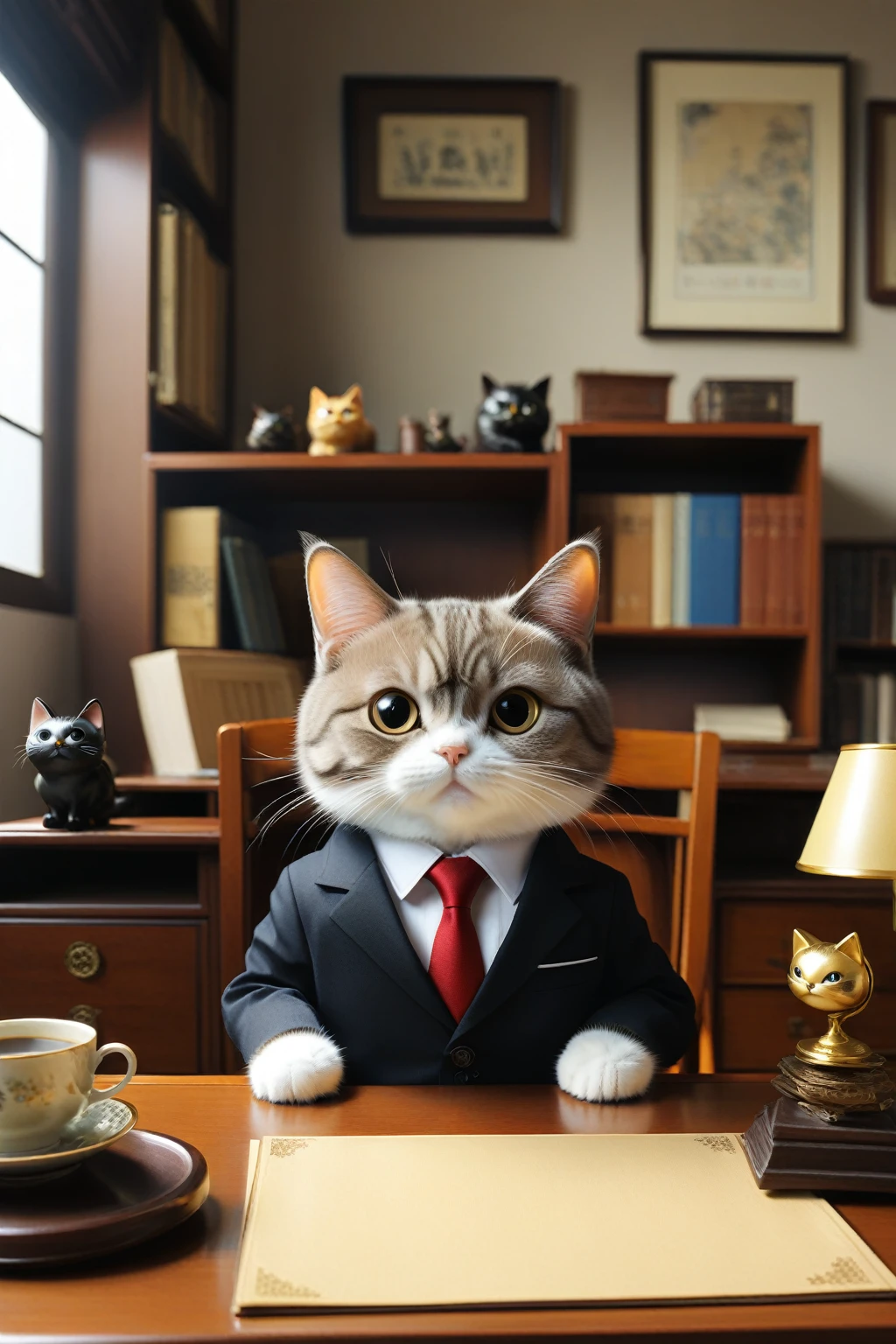 A cat in a suit gazing at me from across a desk、Cute Characters、Center composition、looking at the camera、