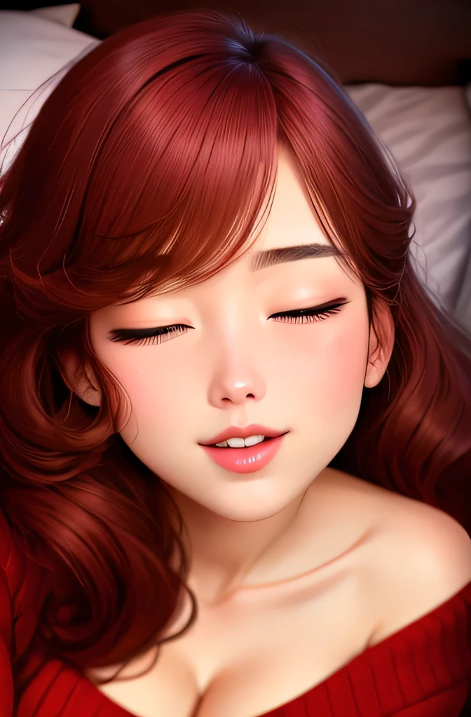 Sexy woman, eyes closed, mouth open, very deep blush, tip of the nose is red, long neck, off shoulder pink sweater, medium chest, visible cleavage, bedroom, warm lighting ,in bed