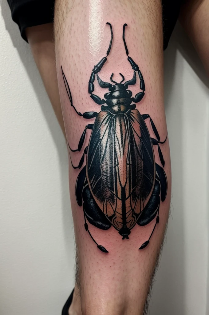 create a tattoo style design, thinking about a location focused on covering the left calf, and that its main drawing is a Cantabria (chilean beetle) highlighting the horns pointing towards the knee, this tattoo based on a realistic style, surprise me with more than one option