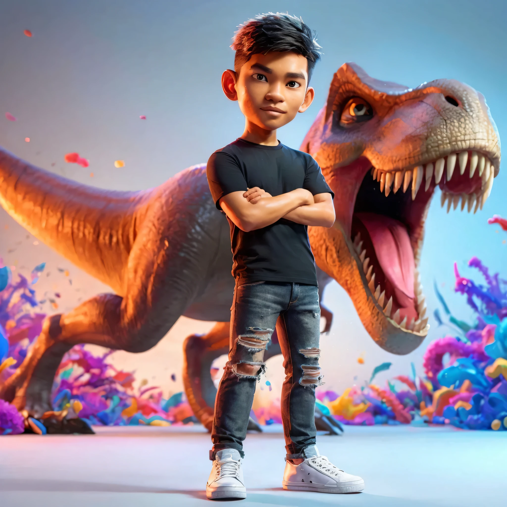 Super realistic 3D caricature with shiny skin of an Indonesian guy with short hair, wearing a plain black t-shirt, ripped jeans, white sneakers. Standing stylishly while his arms crossed. Octane rendering, very detailed. colorful graphics,T-REX roar background, focused lighting.