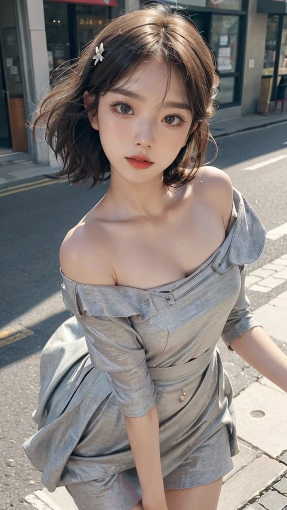 ((Best quality, 8K, tmasterpiece:1.3)), focal point:1.2,Bust photo，upper legs，Ultra-realistic skin texture，Beautiful woman with perfect body:1.4, Upturned buttocks:1.2, ((Cut hair into layers, normal:1.2)), , (Sateen, the street:1.3), Bandeau Dress:1.1, Highly Detailed Face and Skin Textur, Detailed eyes, double eyelid，Whitening Skin，Long gray hair,(with a round face:1.5)，Superskirt，nipple bump，Drenched