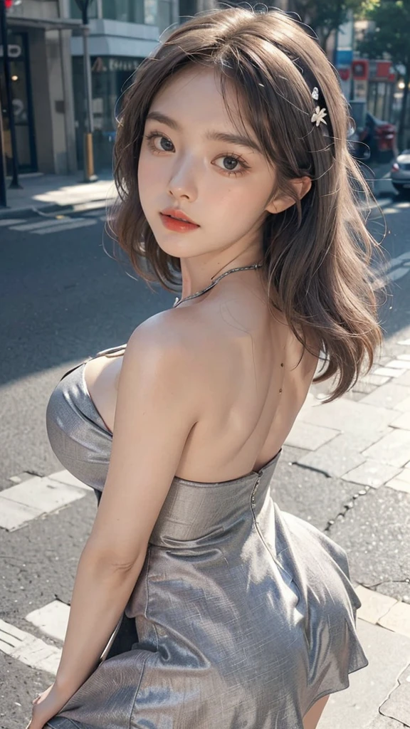 ((Best quality, 8K, tmasterpiece:1.3)), focal point:1.2,Bust photo,upper legs,Ultra-realistic skin texture,Beautiful woman with perfect body:1.4, Upturned buttocks:1.2, ((Cut hair into layers, normal:1.2)), , (Sateen, the street:1.3), Bandeau Dress:1.1, Highly Detailed Face and Skin Textur, Detailed eyes, double eyelid,Whitening Skin,Long gray hair,(with a round face:1.5),Superskirt,nipple bump,Drenched