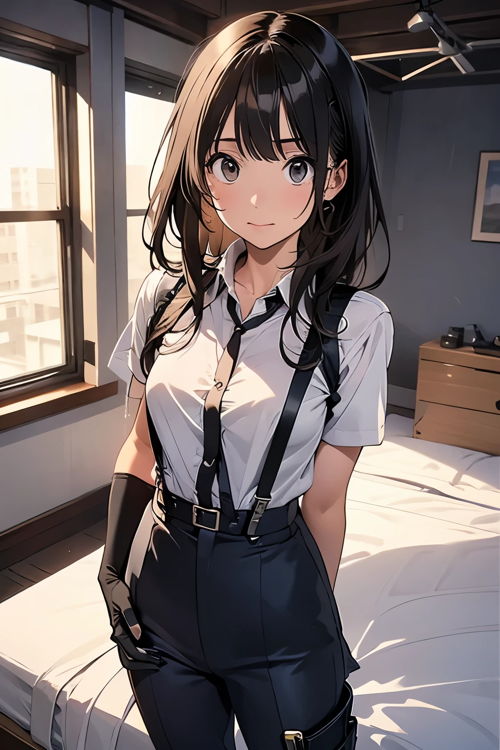   1 female, , high quality, masterpiece, Ultra-high resolution, , Cinema Lighting, , ,  And the suspenders with the cranes flying　　　Moderate breasts　 　 　　　　Small face　 　　　holster　　　　　　　 Lying in bed　Looking up　　　　Sweat 　　　belt　summer　脇Sweat 　Black Hole Gloves　suit　shirt　　Black jacket　 Black trousers　Leg Links　ズボンにbelt　　holster　 　　Hands behind your back　 Anxious expression　Looking up　Anxious face, legs apart　