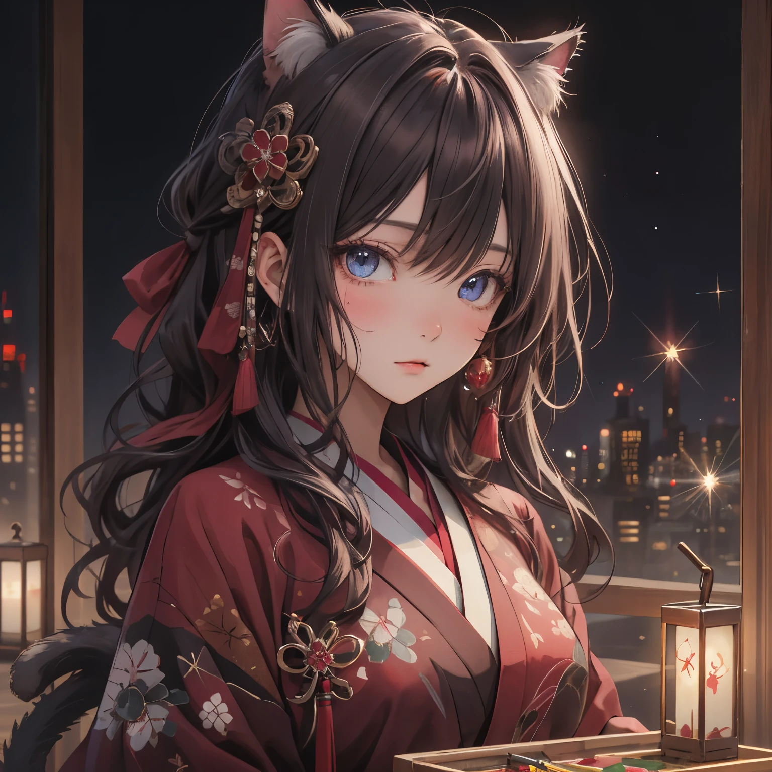 (masterpiece), Highest quality, Ultra-high resolution,Cat with maroon ribbon、Oil-colored hair、Oil-colored eyearoon clothing、（Edo Kiriko:1.3）、（Glasswork:1.3）、Sparkling、Craftsman
