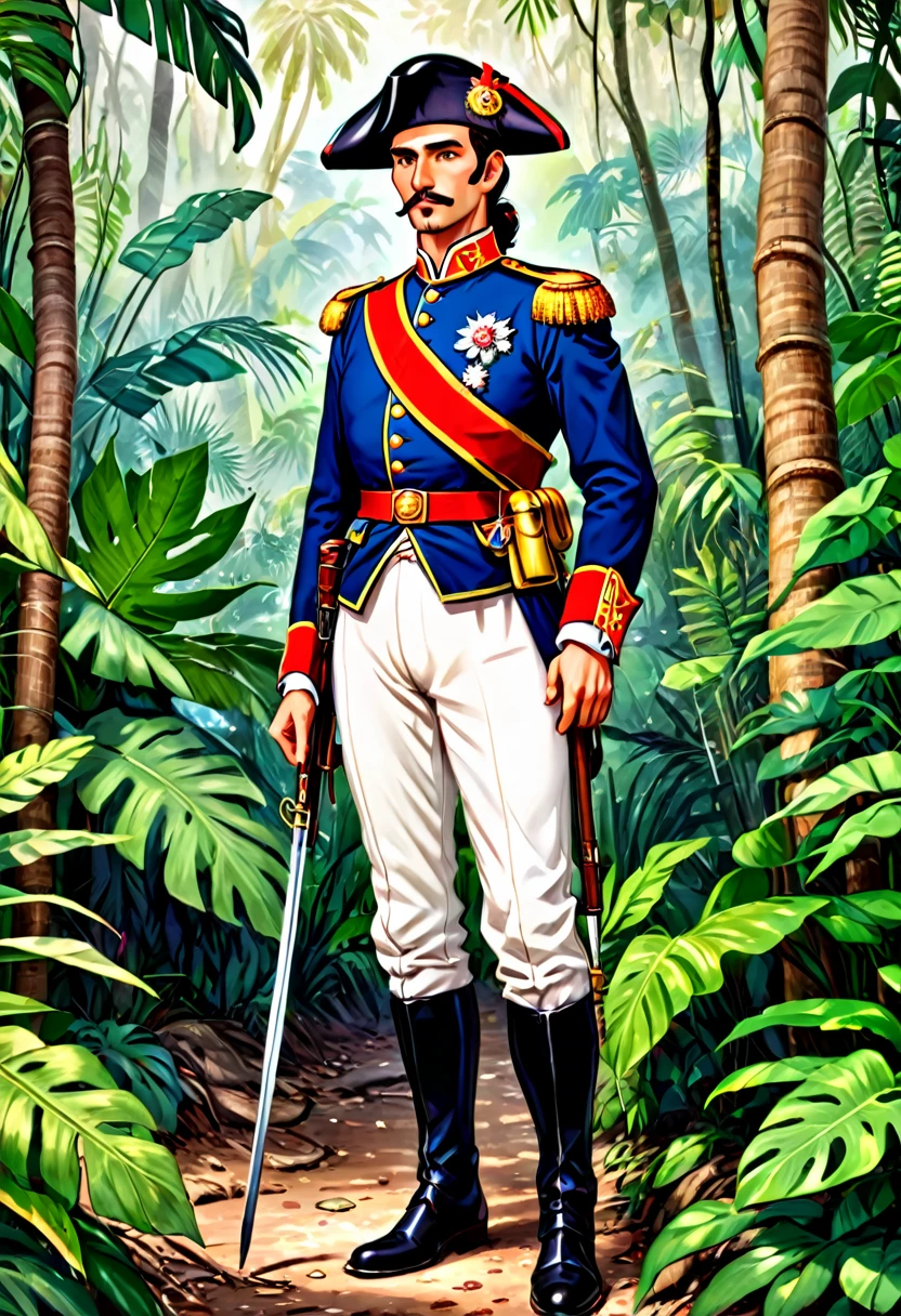 a handsome tall spanish soldier at the jungle in the colonization period age