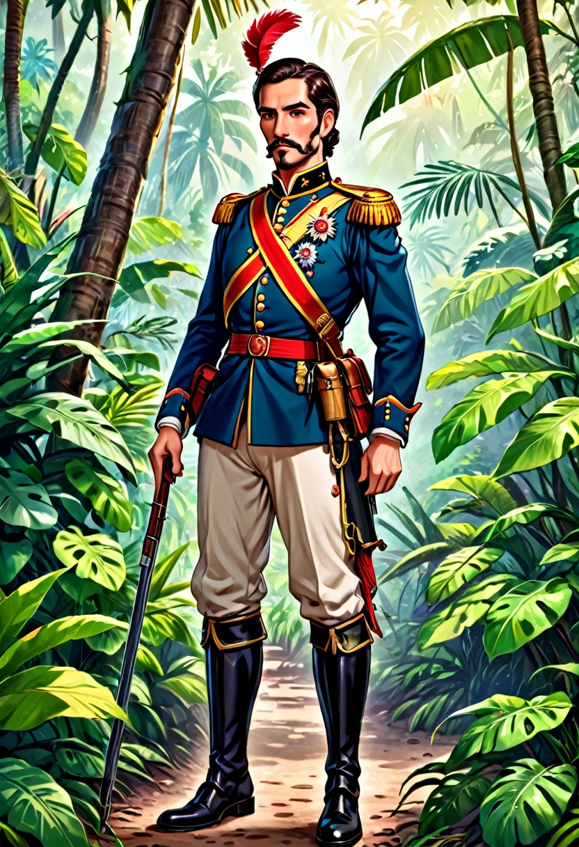 a handsome tall spanish soldier at the jungle in the colonization period age