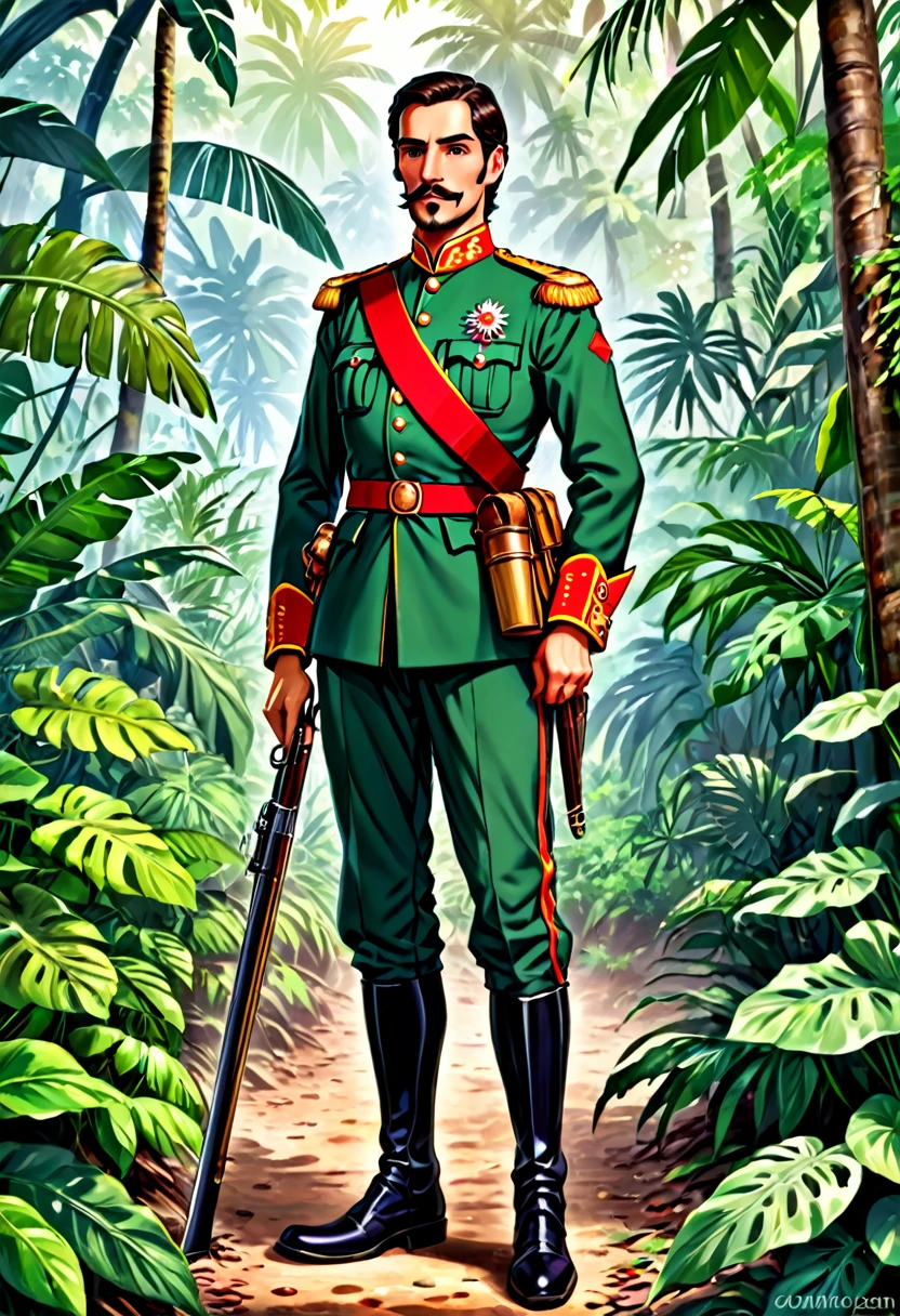 a handsome tall spanish soldier at the jungle in the colonization period age