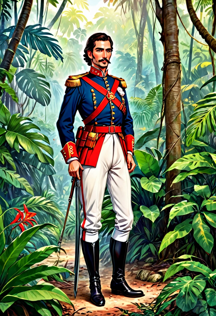 a handsome tall spanish soldier at the jungle in the colonization period age