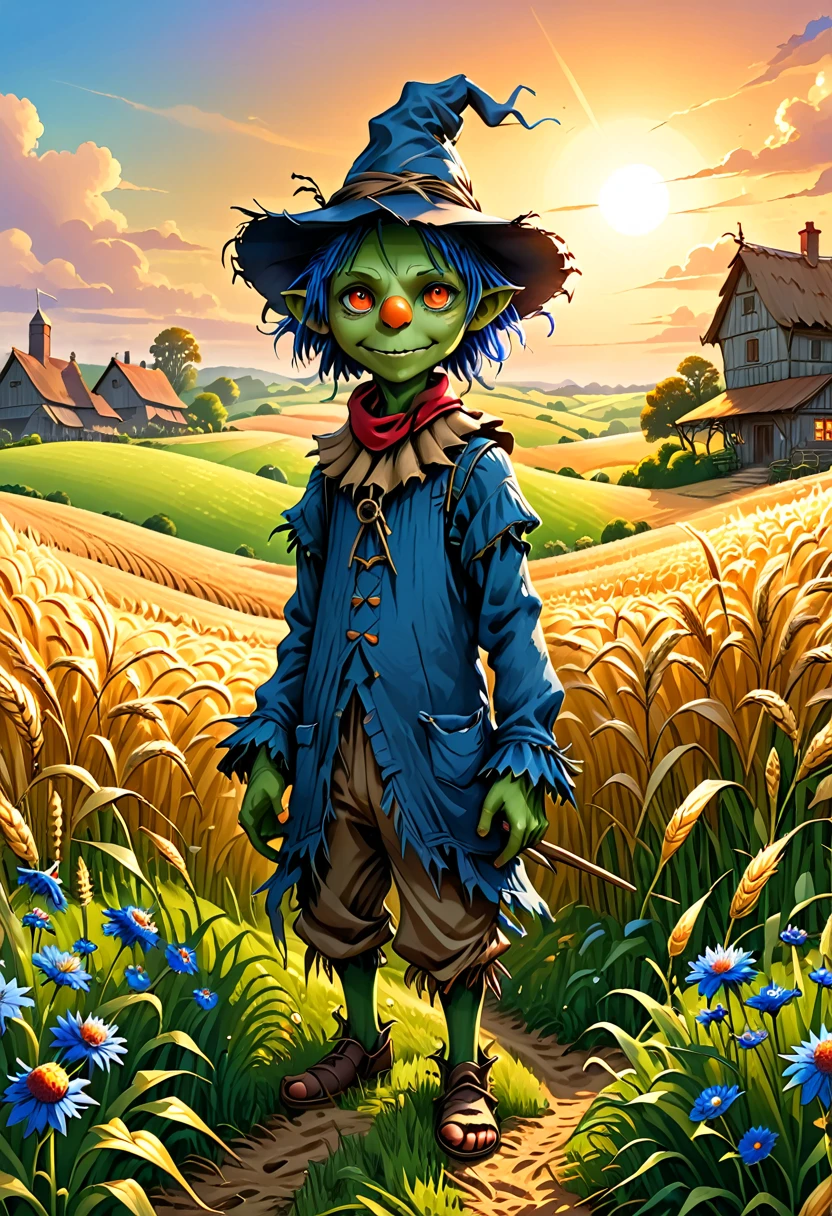 summer, best quality， Cute scarecrow goblin creature with long thin straw in rye field, Cornflower, sunrise, Farm stay, By Clara, author：Dan Mumford, Andy Keeho, Lovely, Lovely, High quality,  fairy tale, Detailed illustrations for storybooks, Movie, Ultra HD, detail, 美丽的detail, mystery, Luminism, Vibrant colors, Complex background