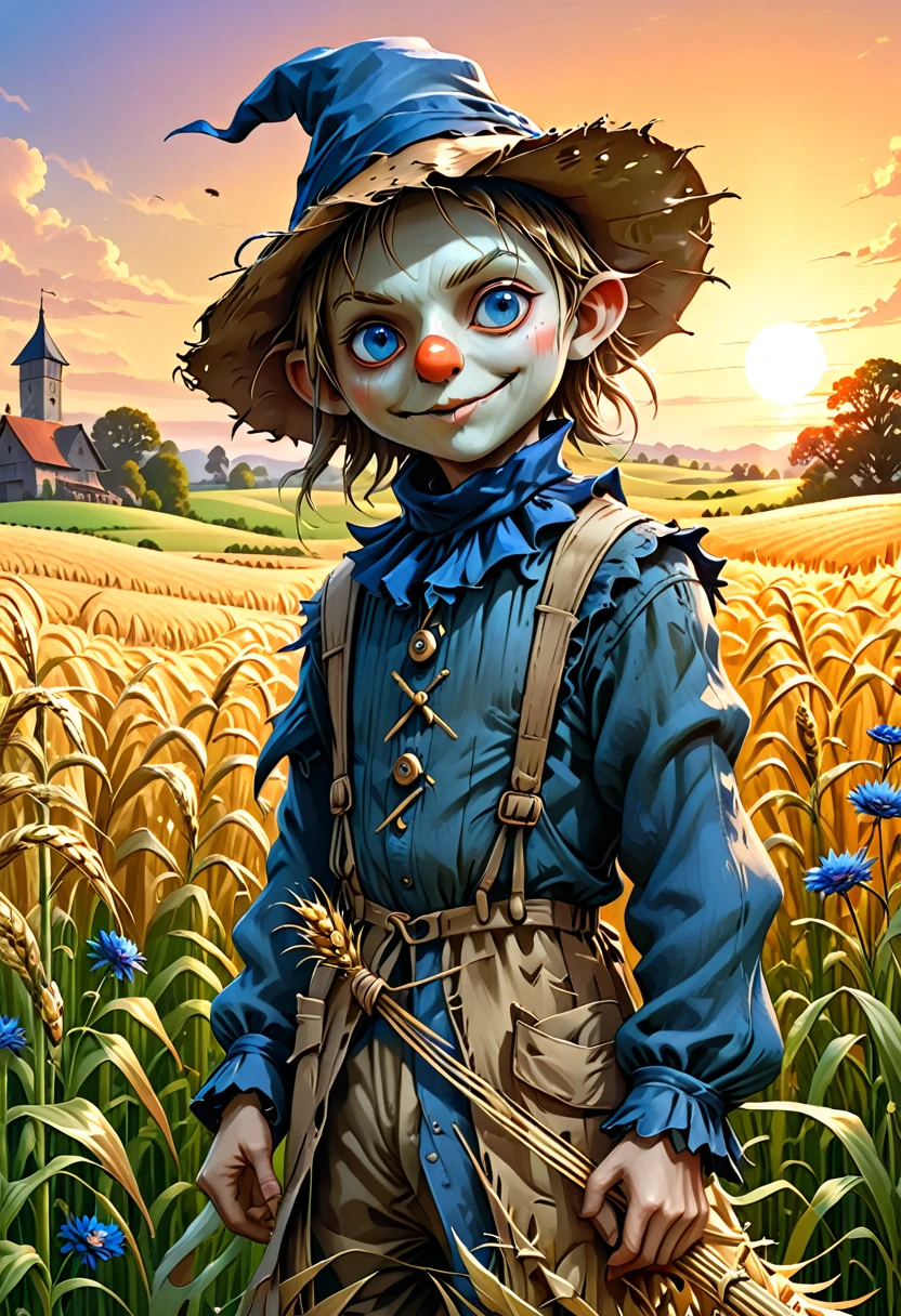 summer, best quality, Cute scarecrow goblin creature with long thin straw in rye field, Cornflower, sunrise, Farm stay, By Clara, author:Dan Mumford, Andy Keeho, Lovely, Lovely, High quality, fairy tale, Detailed illustrations for storybooks, Movie, Ultra HD, detail, 美丽的detail, mystery, Luminism, Vibrant colors, Complex background