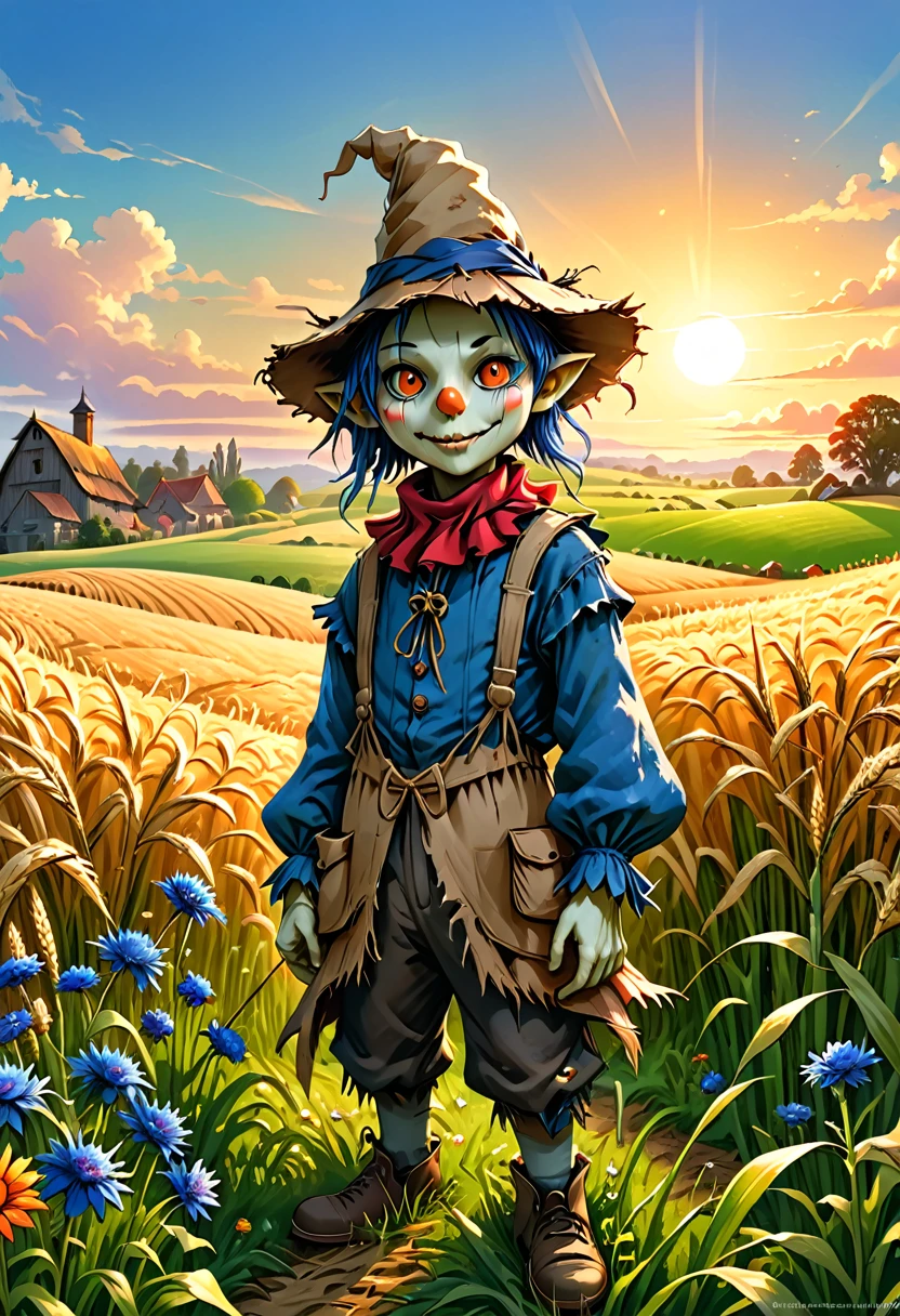 summer, best quality, Cute scarecrow goblin creature with long thin straw in rye field, Cornflower, sunrise, Farm stay, By Clara, author:Dan Mumford, Andy Keeho, Lovely, Lovely, High quality, fairy tale, Detailed illustrations for storybooks, Movie, Ultra HD, detail, 美丽的detail, mystery, Luminism, Vibrant colors, Complex background