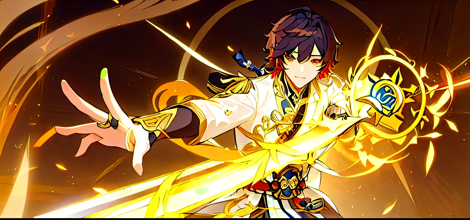 Cartoon character holding a sword and a golden ring in his hands, zhongli from Genshin Impact impact, keqing from Genshin Impact impact, heise jinyao, Genshin Impact impact character, Genshin Impact, Photo of a male priest, Inspired by Yang Jin, Taisho Rome, Genshin Impact impact, ayaka Genshin Impact impact, Inspired by Huang Shen, Genshin Impact impact style