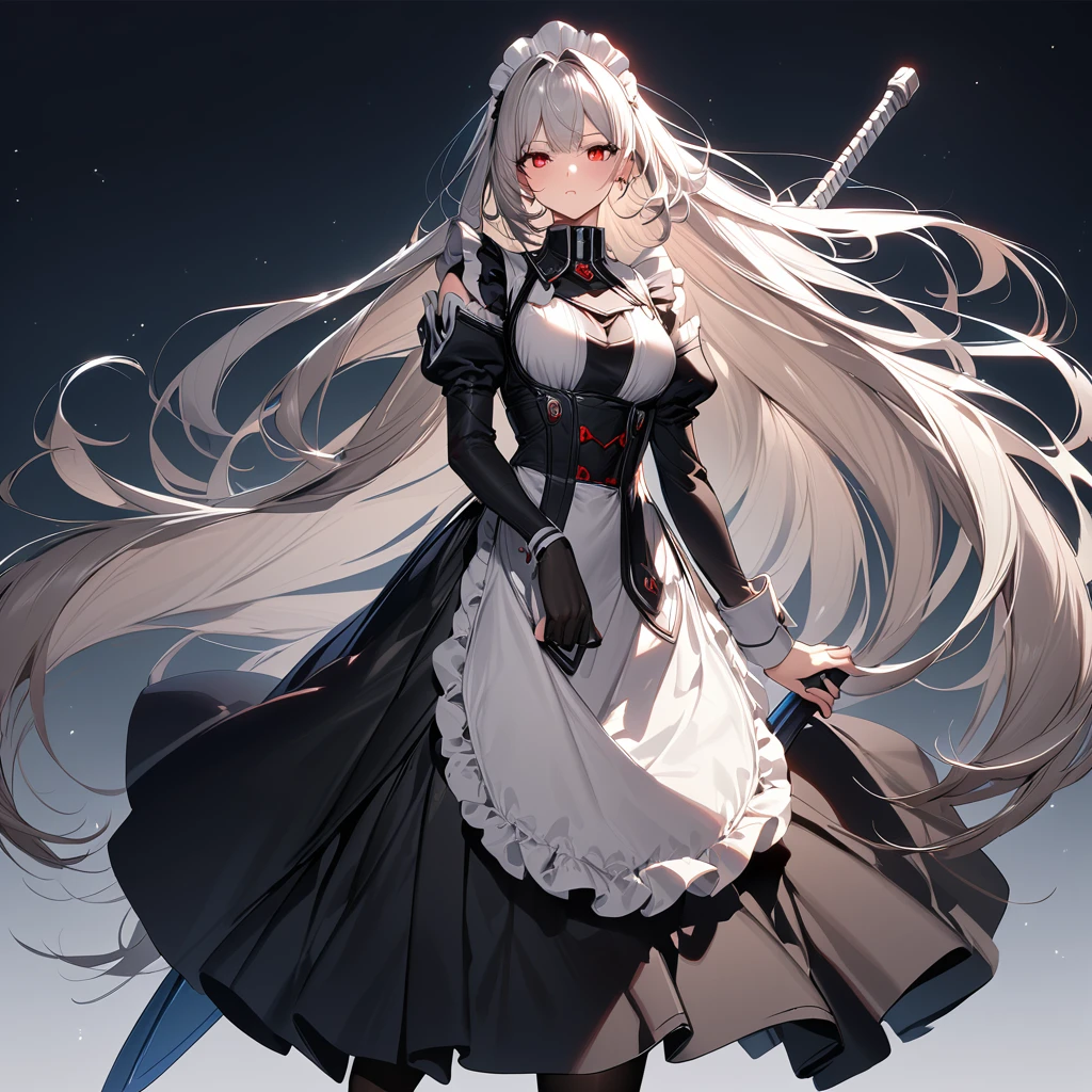 (masterpiece),(Highest quality),(Super detailed),(Best illustrations),(so beautiful), so beautiful長い脚,Silver Hair, Red eyes, Very long hair, pantyhose, Maid, headdress, apron, Long skirt,  holding weapon, huge sword, duel,