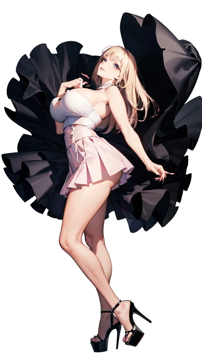 ((masterpiece, high resolution, better quality, better details)), ((Marin Kitagawa)), ((Smiling)), ((one girl)) a girl modeling standing, mini skirt, blouse, ((big neckline)), ((platform high heels)), pink eyes with black outline, (light blonde hair, straight hair, straight bangs, long hair)), long nails, pink nails, (((curvy body))), shiny skin, ((side view)), solo, bare shoulders, full body, focus full body, high heels, ((White background)),