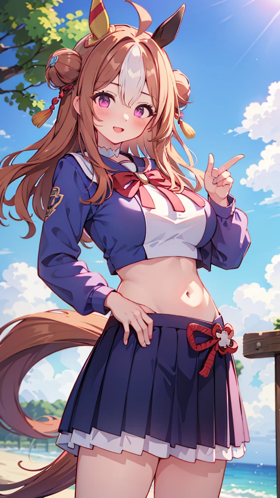 Highest quality,masterpiece, Highest Resolution, nsfw, Sailor uniform, 1 girl, (topless), huge breasts,pink nipple, belly button,outdoor, blush, standing, horse ears, horse tail