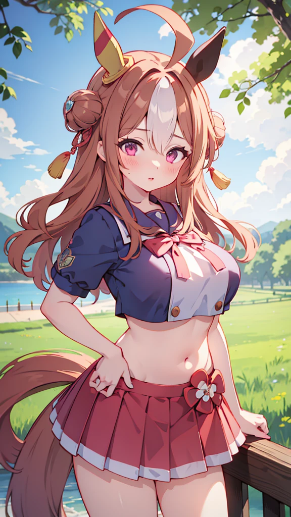 Highest quality,masterpiece, Highest Resolution, nsfw, Sailor uniform, 1 girl, (topless), huge breasts,pink nipple, belly button,outdoor, blush, standing, horse ears, horse tail